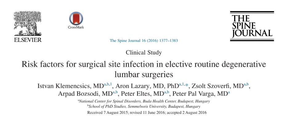 "Risk factors for surgical site infection in elective routine degenerative lumbar surgeries" című közlemény.